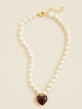 NWT J Crew Pearl Heart Acetate Necklace Pendant 18” Garnet colored
